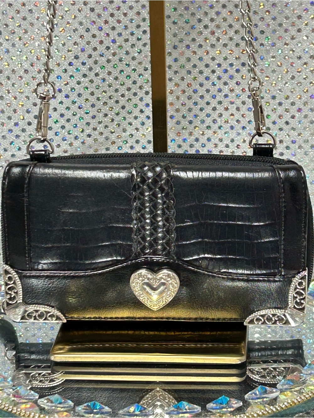 Brighton Bellisimo Black Croc Embossed Silver Accent Crossbody Bag Approx. 7x 4
